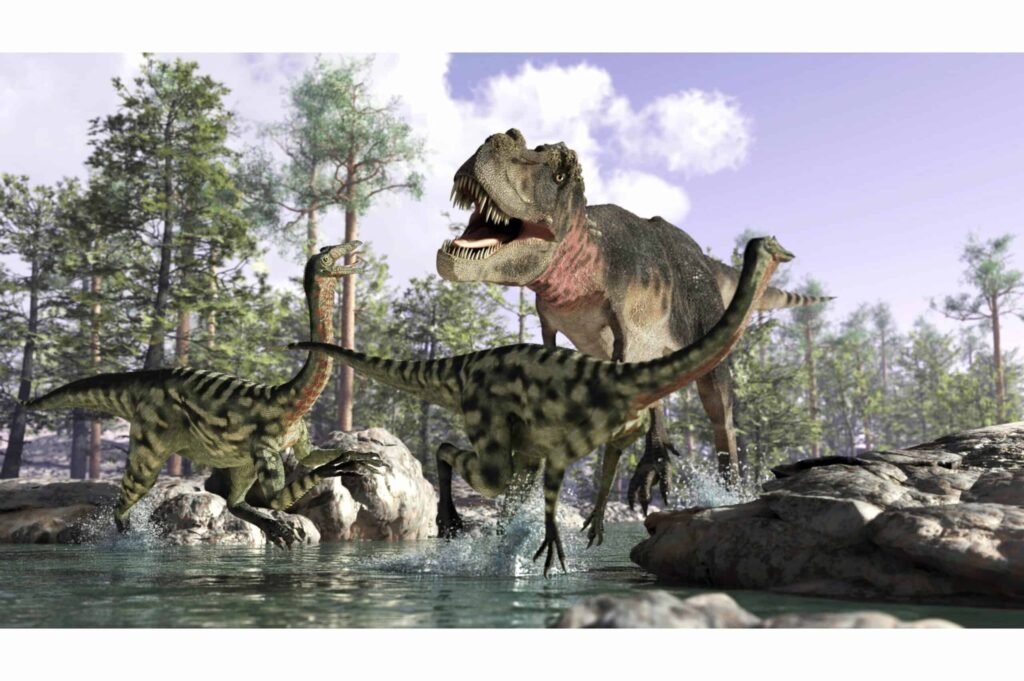 T. rex dinosaur with skin, standing in a natural pose
