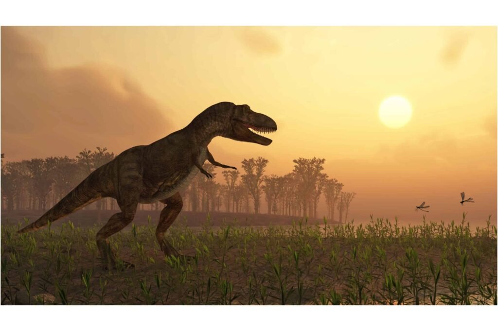 T. rex standing on a prehistoric landscape