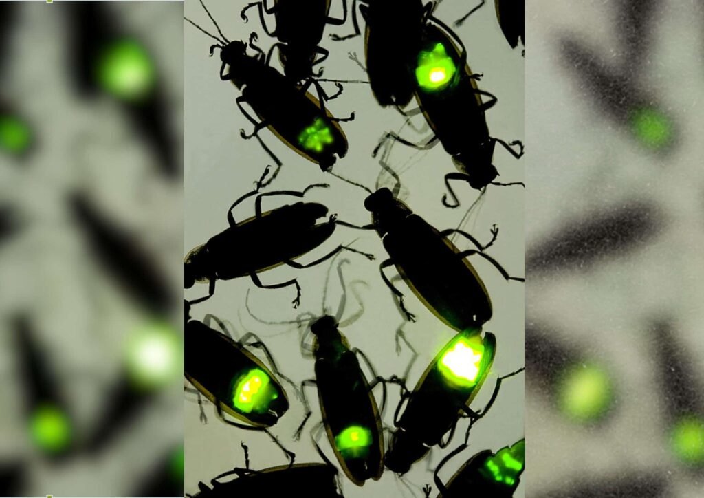 Fireflies flashing at night.