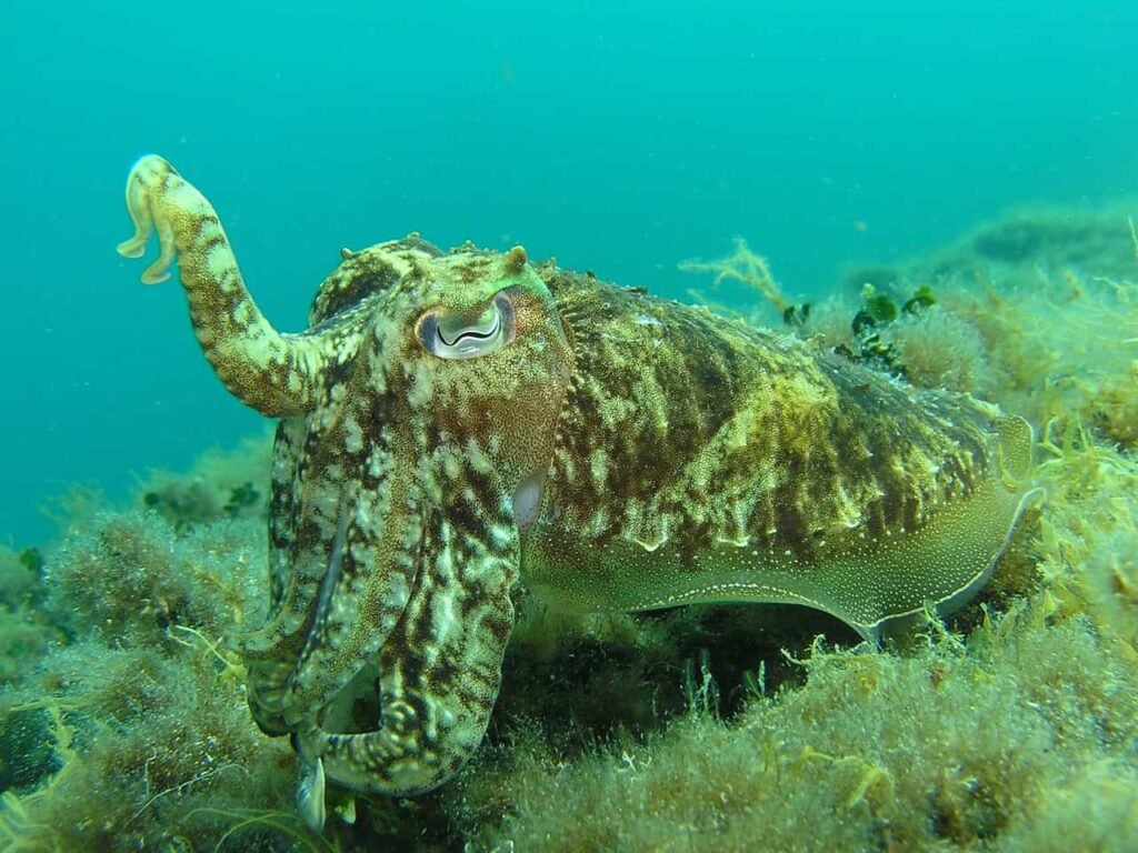 An octopus blends in with its surroundings.