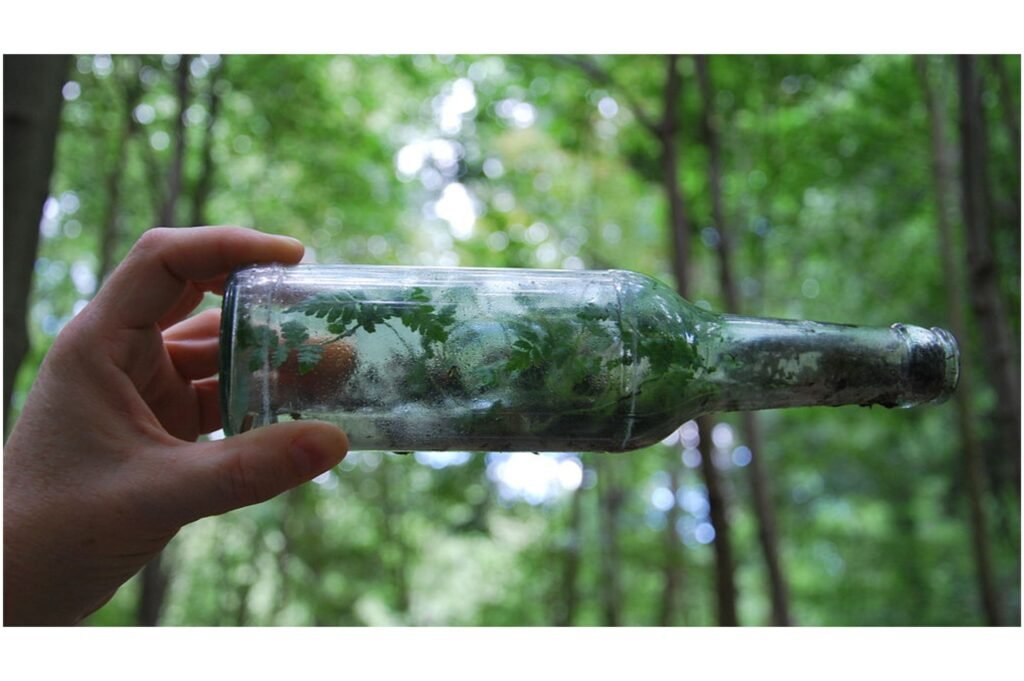 Miniature plant biome in a glass bottle.