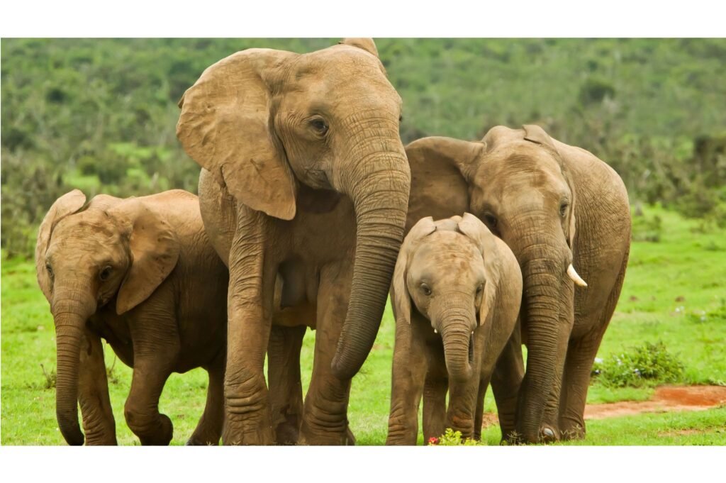 Elephant family walking together.