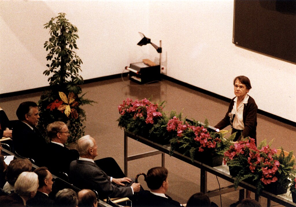 McClintock giving her Nobel Lecture at Karolinska Institute in Stockholm during the week of the Nobel Prize ceremony.
