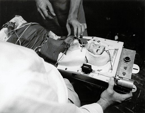 Able being secured in her specially designed contour cradle before launch