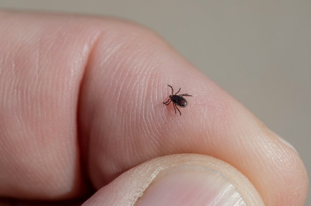 A small tick sitting on top of a person's finger.
