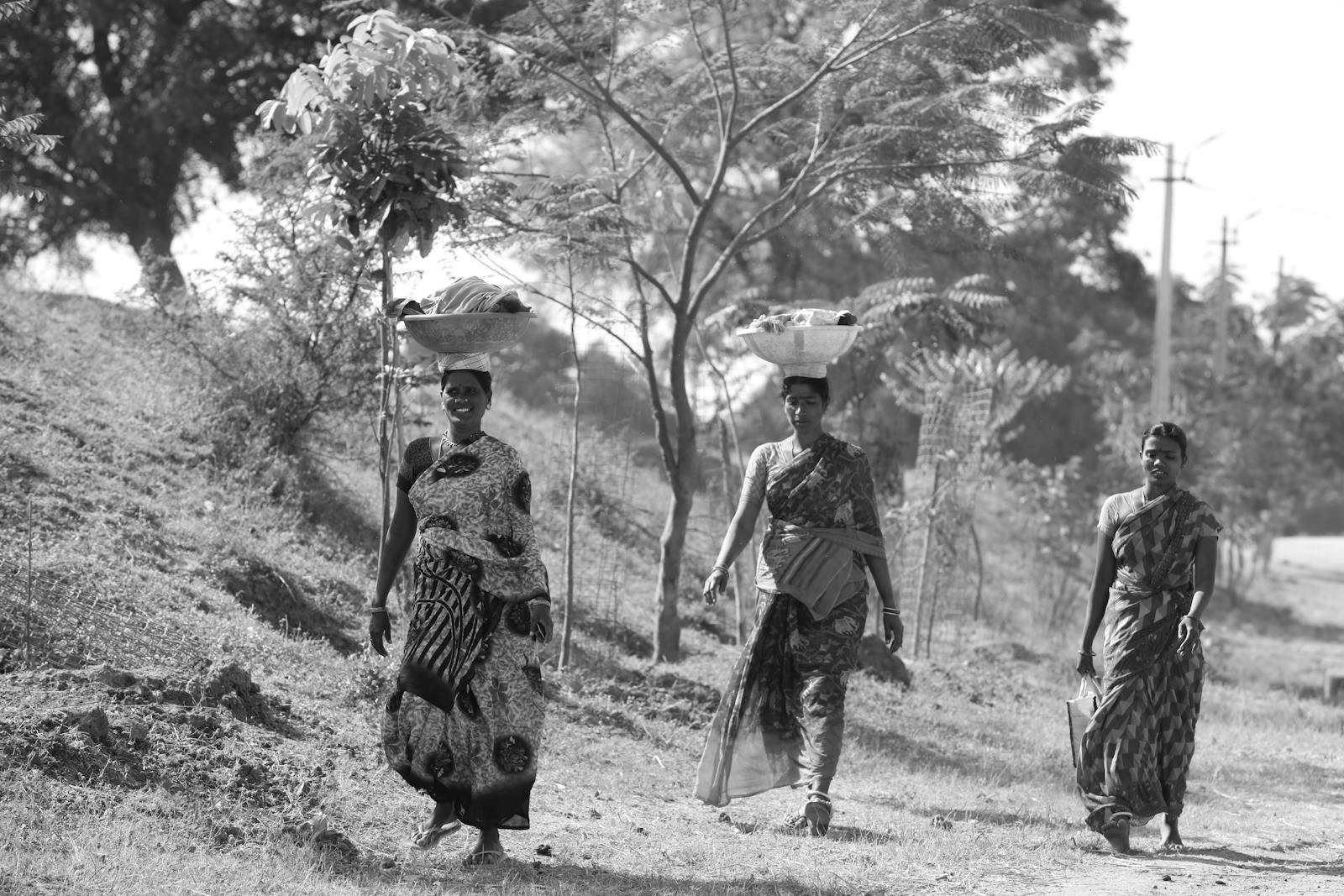 Three women in traditional dresses carry baskets on their heads in rural India.