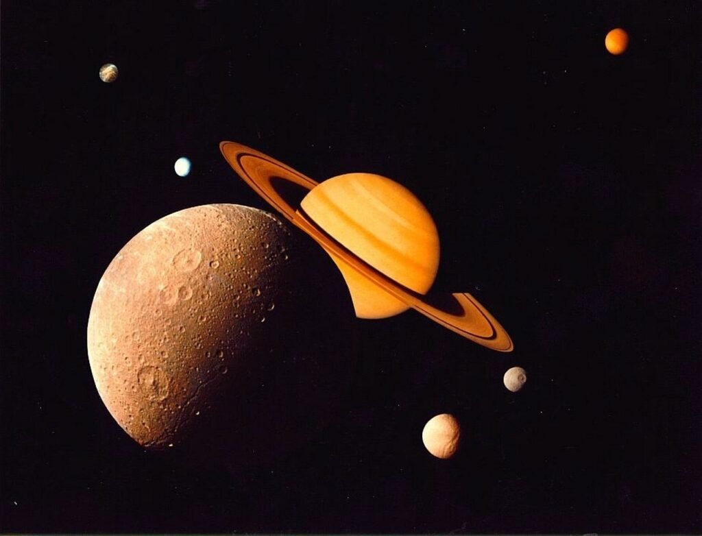 An illustration of Saturn and its moons.