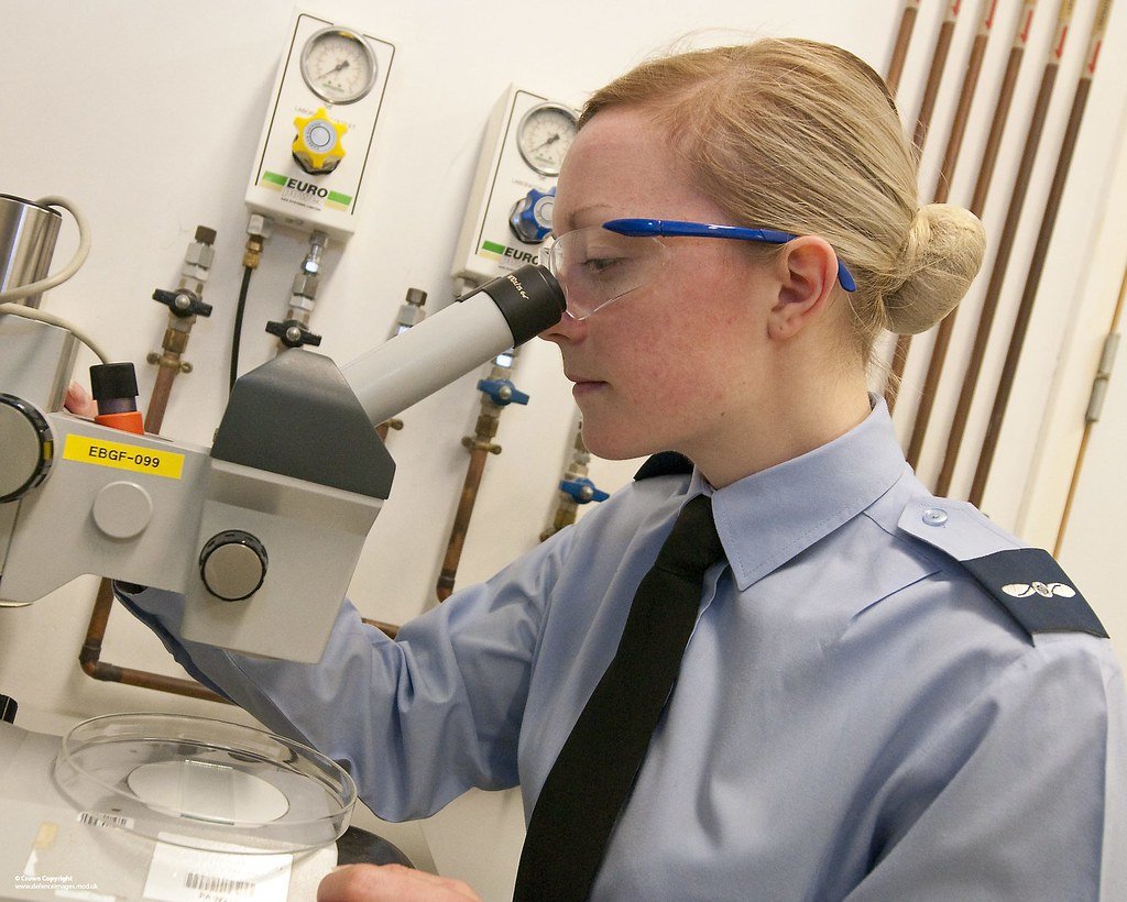 RAF reservist serving in the Royal Auxiliary Air Force is pictured on Uniform to Work day while working as an Environmental Laboratory Technician at The Food and Environment Research Agency in York.