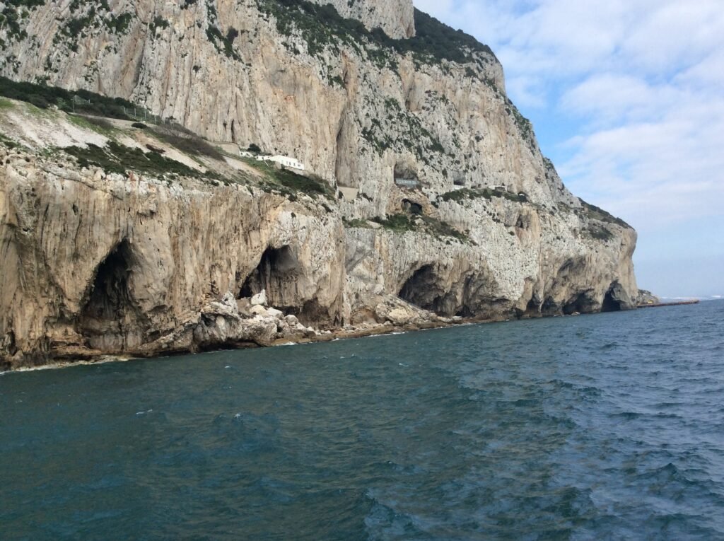 View of the Gorham's Cave Complex in Gibraltar as seen from the Mediterranean Sea.
