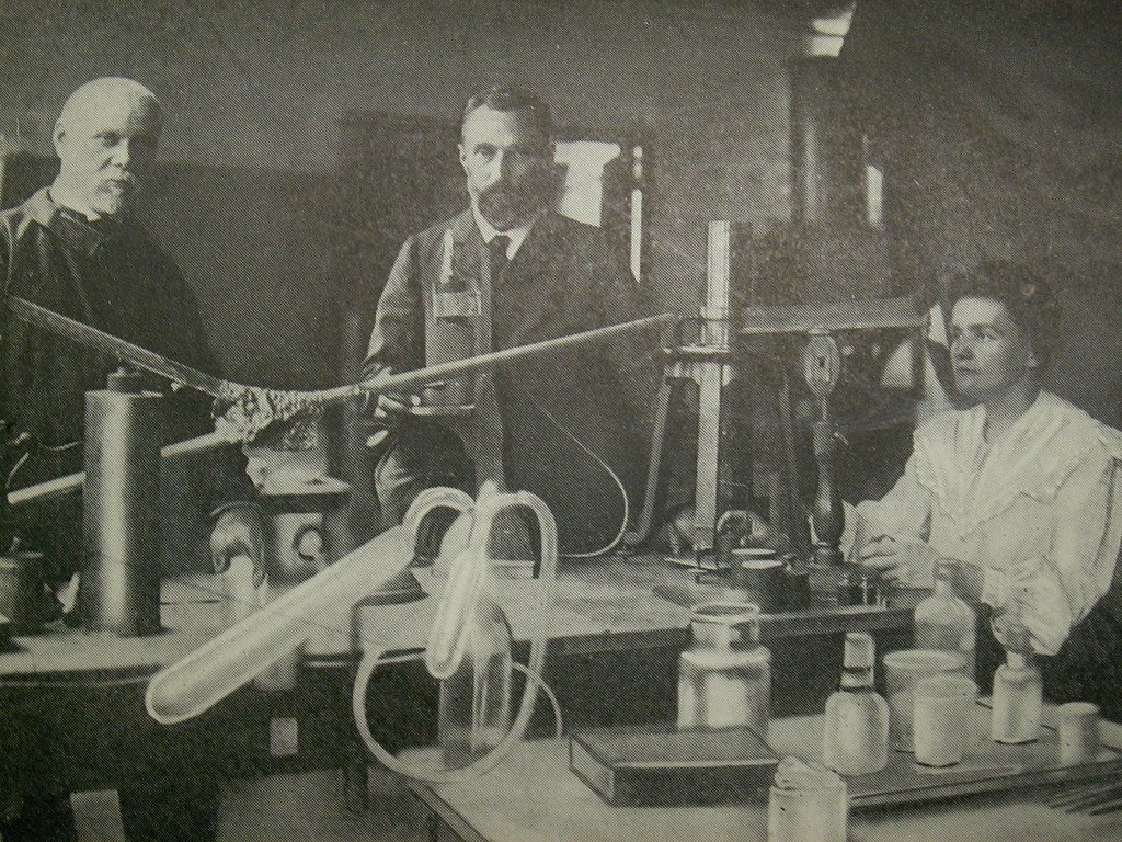 Pierre and Marie Curie in their laboratory, where radium was discovered.