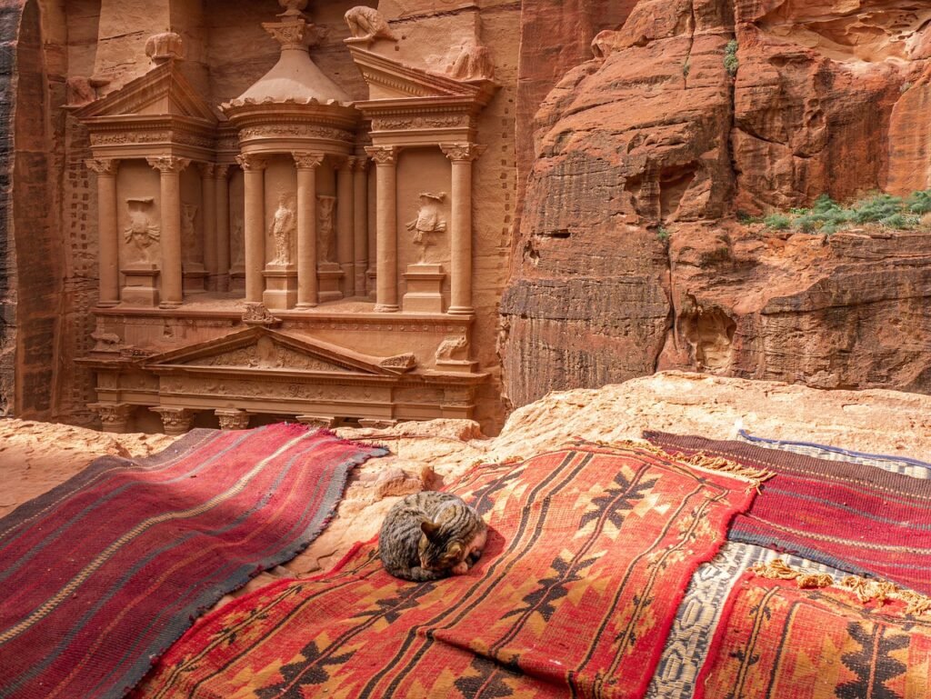 Middle East architecture with a cat sleeping on the carpet