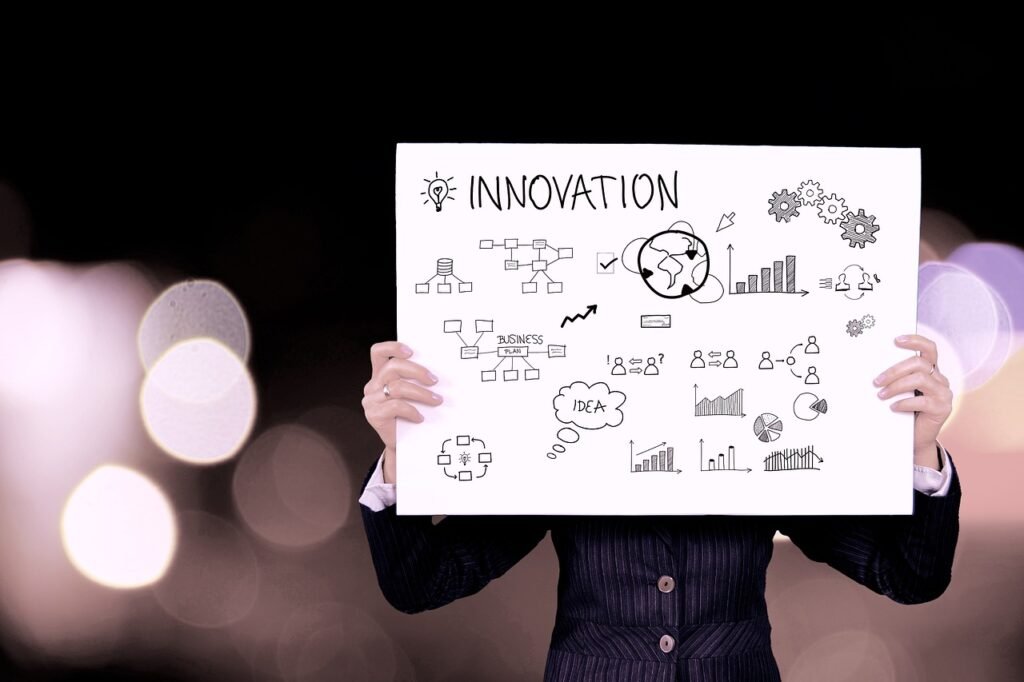 Person holding a sign with innovation graphics