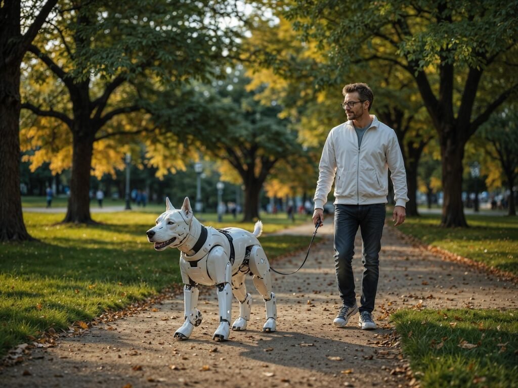 Person walking a robotic dog in a park