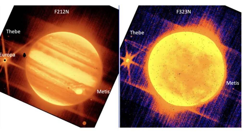 Jupiter (center), and its moons Europa, Thebe, and Metis are seen through the NASA/ESA/CSA James Webb Space Telescope’s NIRCam instrument 2.12 micron filter.