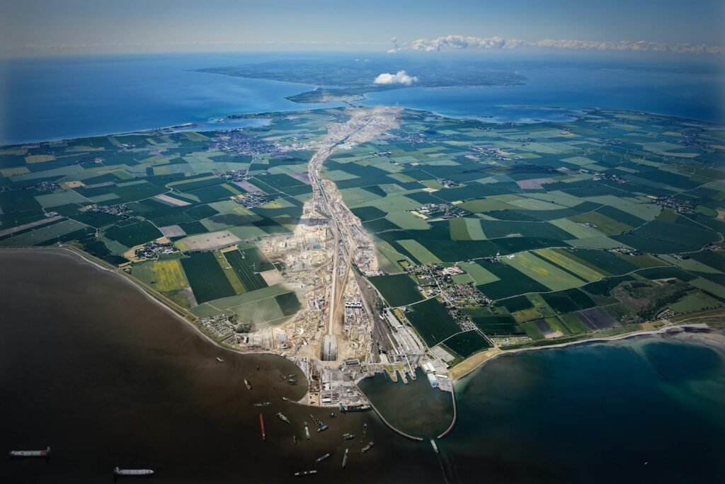 Aerial view of construction site and landscape on Fehmarn