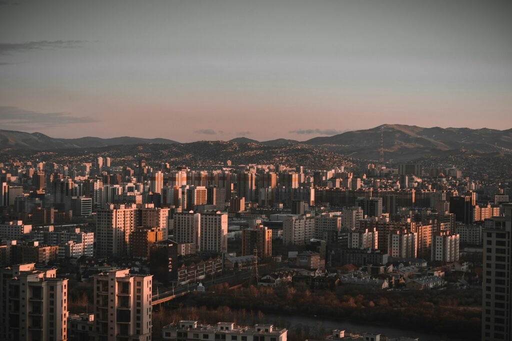Aerial view of Ulaanbaatar buildings during night time.