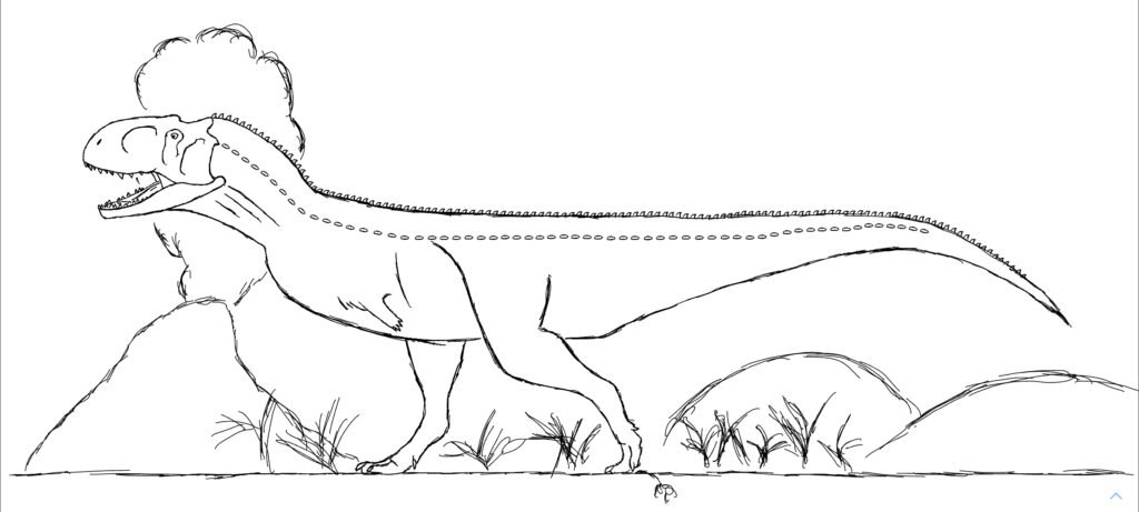 Drawing of Rajasaurus Narmadensis. Image by Aaa232355, CC BY-SA 4.0 https://creativecommons.org/licenses/by-sa/4.0, via Wikimedia Commons.