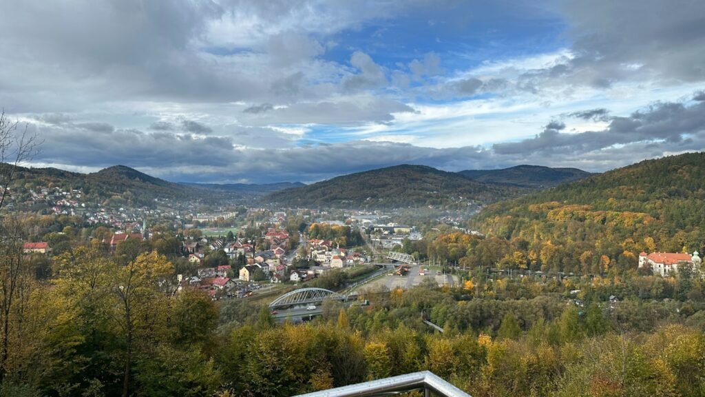 Scenic view of a town in the mountains.