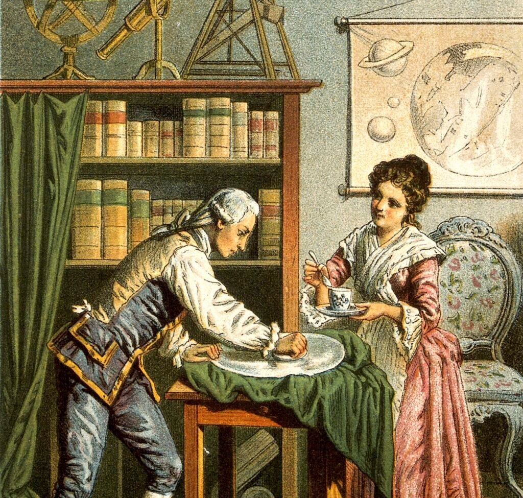 An illustration of Sir William Herschel and Caroline Herschel working together.