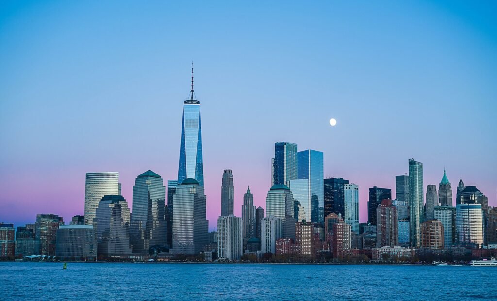 Cityscape near a body of water.