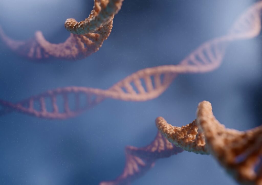 3D rendering capturing the double helix structure of DNA against a blue backdrop, with multiple dna helixes forming a background image for presentations.
