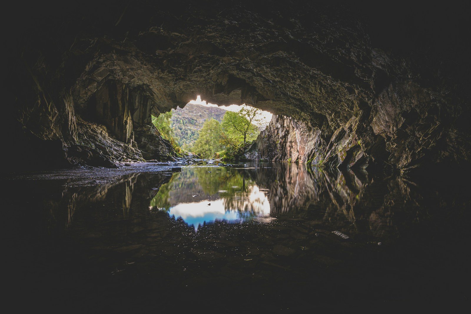 A cave with a body of water in it