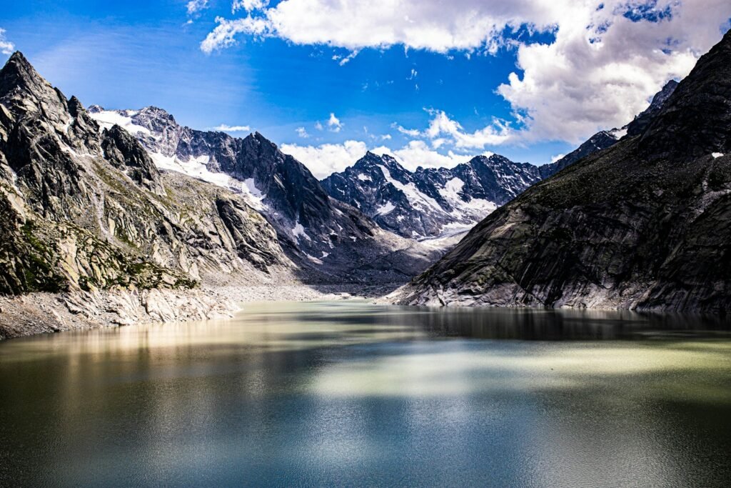 Lake with mountains in the background.