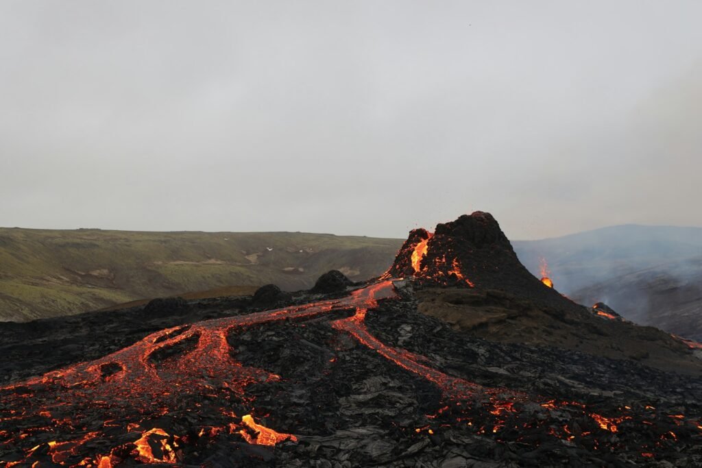 Iceland volcano with flowing lava.