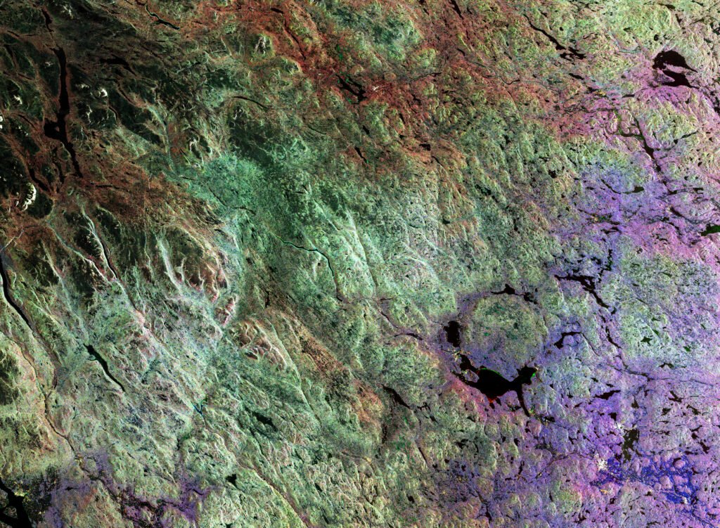 This image is a composite of radar scans by Sentinel-1A on different dates of the Siljan Ring, located in the province of Dalarna in central Sweden.