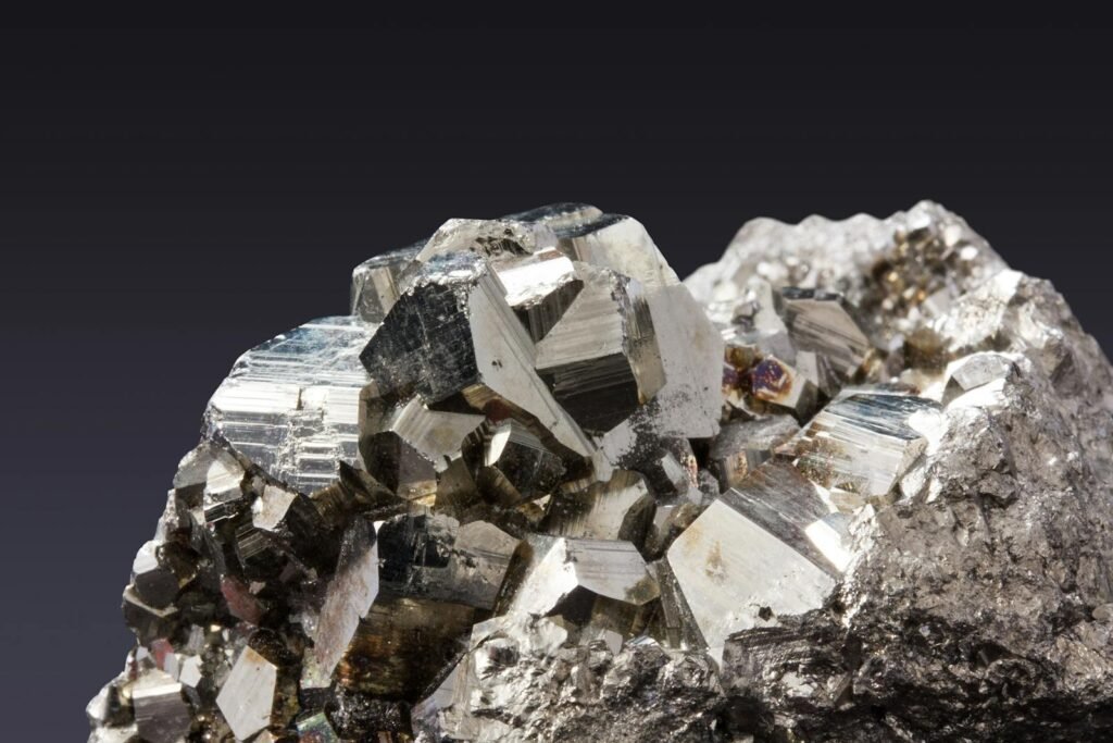 Close up image of sparkling pyrite crystals.