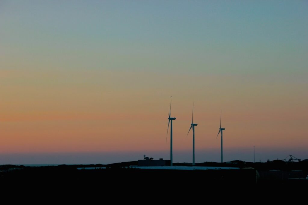 Silhouette of wind turbines.