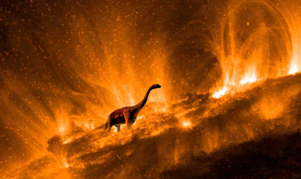 Dinosaur amidst a blazing environment.