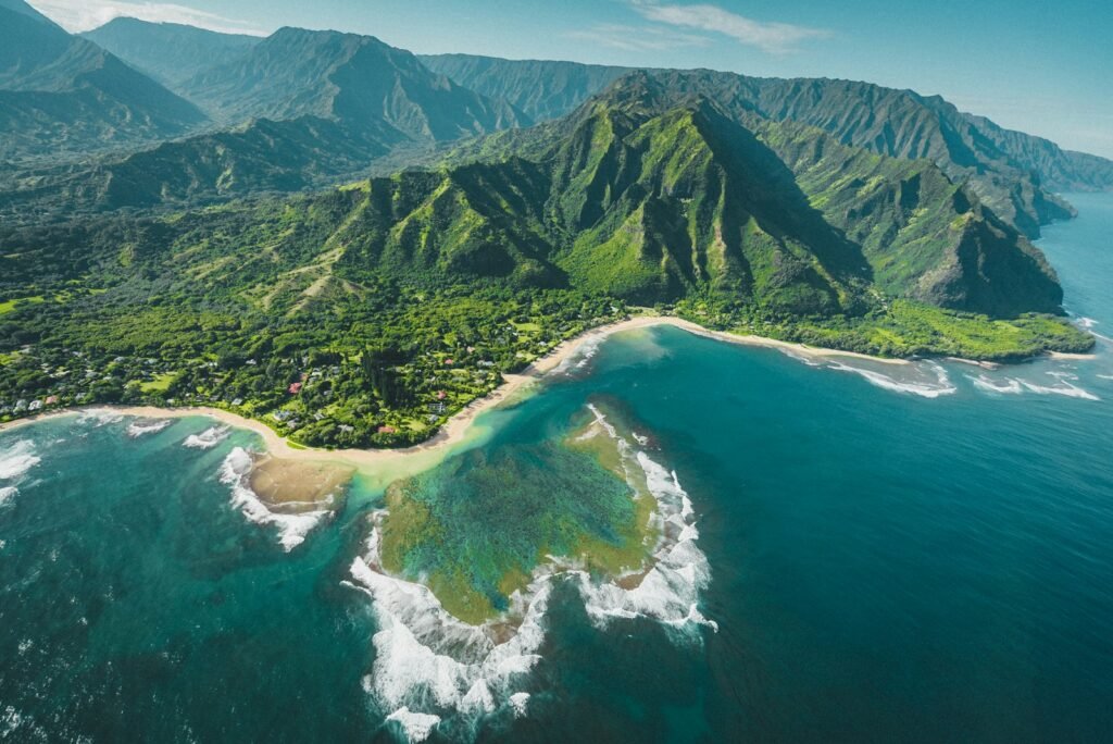 Aerial view of Hawaii's mountains and ocean.
