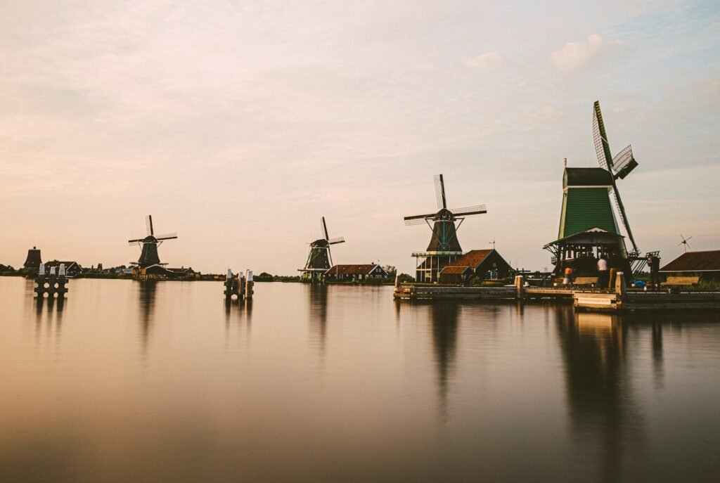 Floating structures sitting on top of a lake in the Netherlands.