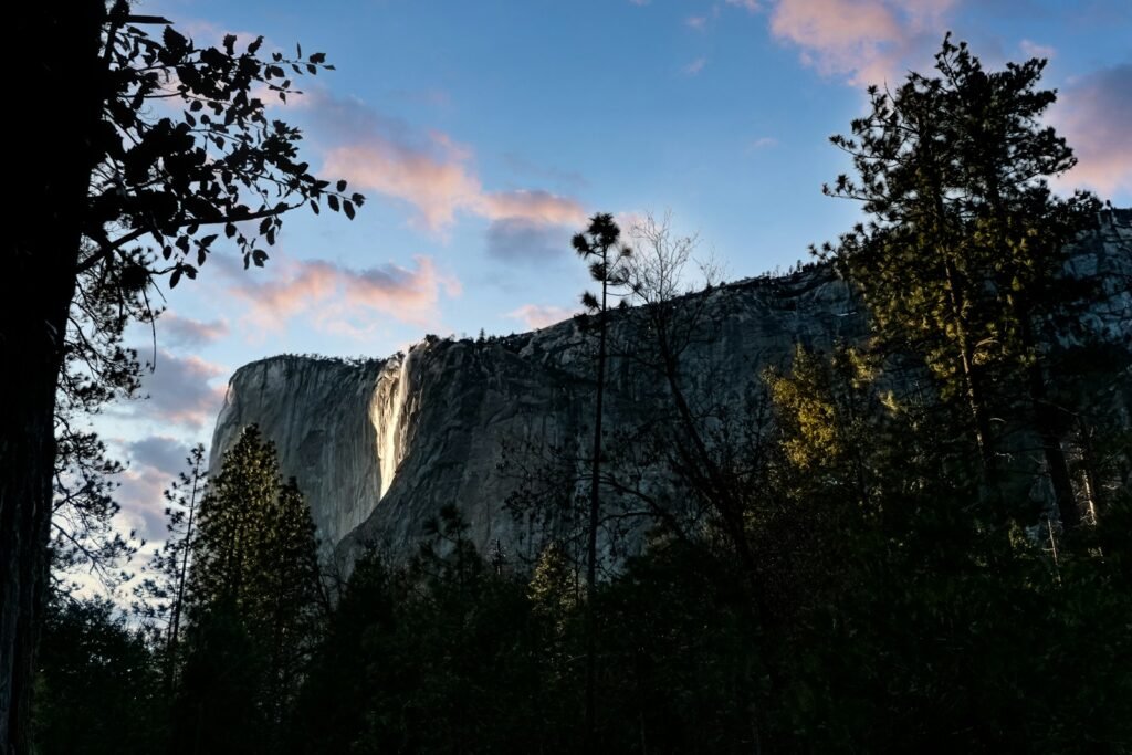 A view of a mountain with trees with firefall.