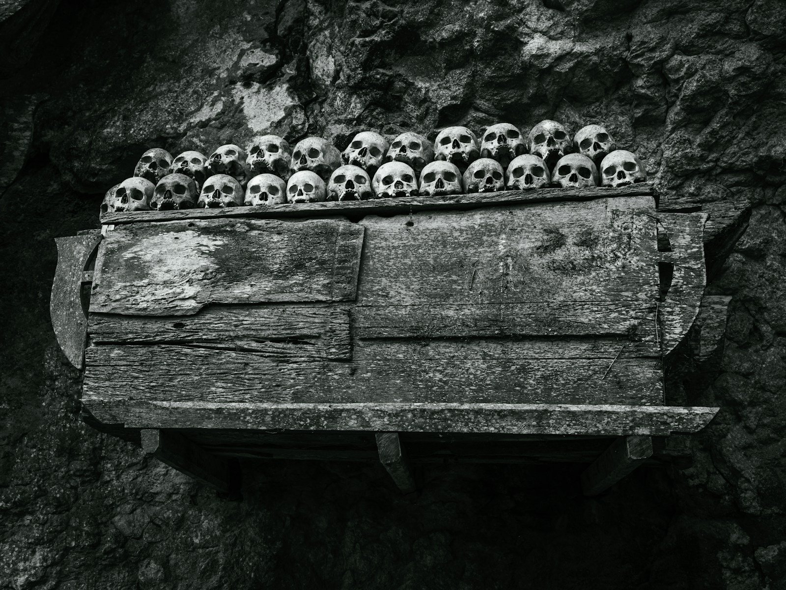 Bunch of skulls sitting on top of a box.