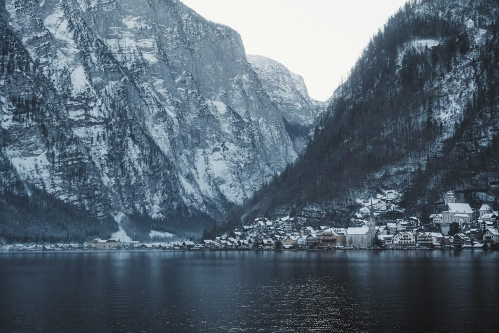 A body of water with mountains