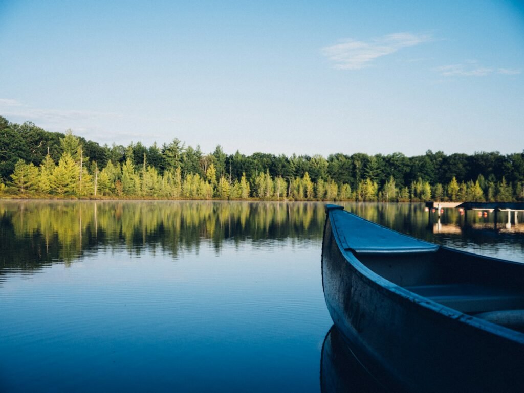 Canoe on a calm Lonar Lake.