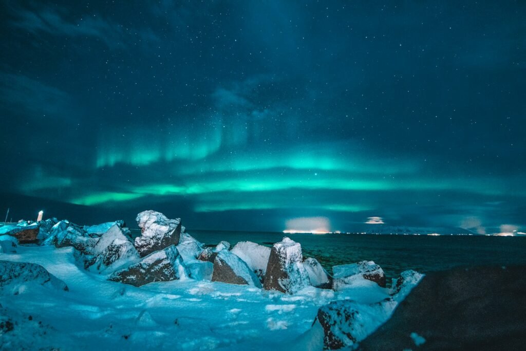 Landscape photo of Aurora lights.