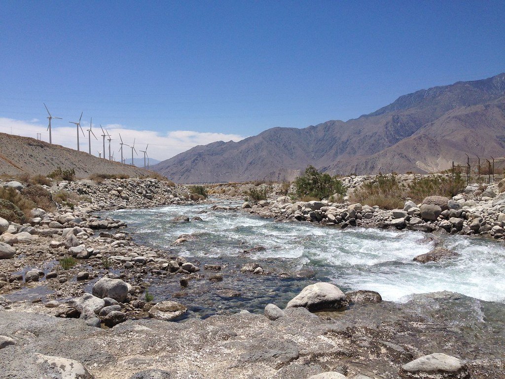 A section of the Colorado River Aqueduct delivers water to the Whitewater River recharge area northwest of Palm Springs.