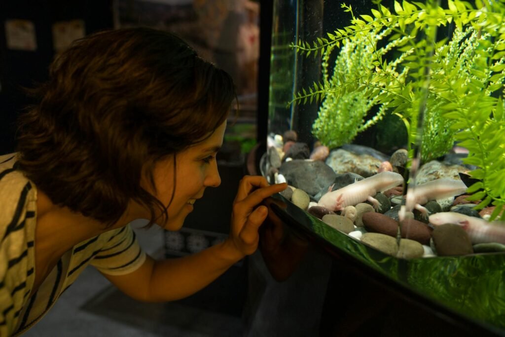 Closeup of a woman smiling and pointing at aquatic plants inside an aquarium.