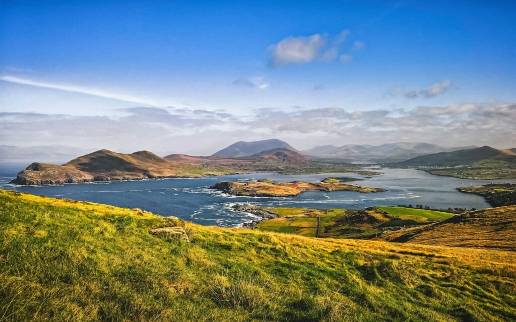 Irish landscape under blue sky during daytime.