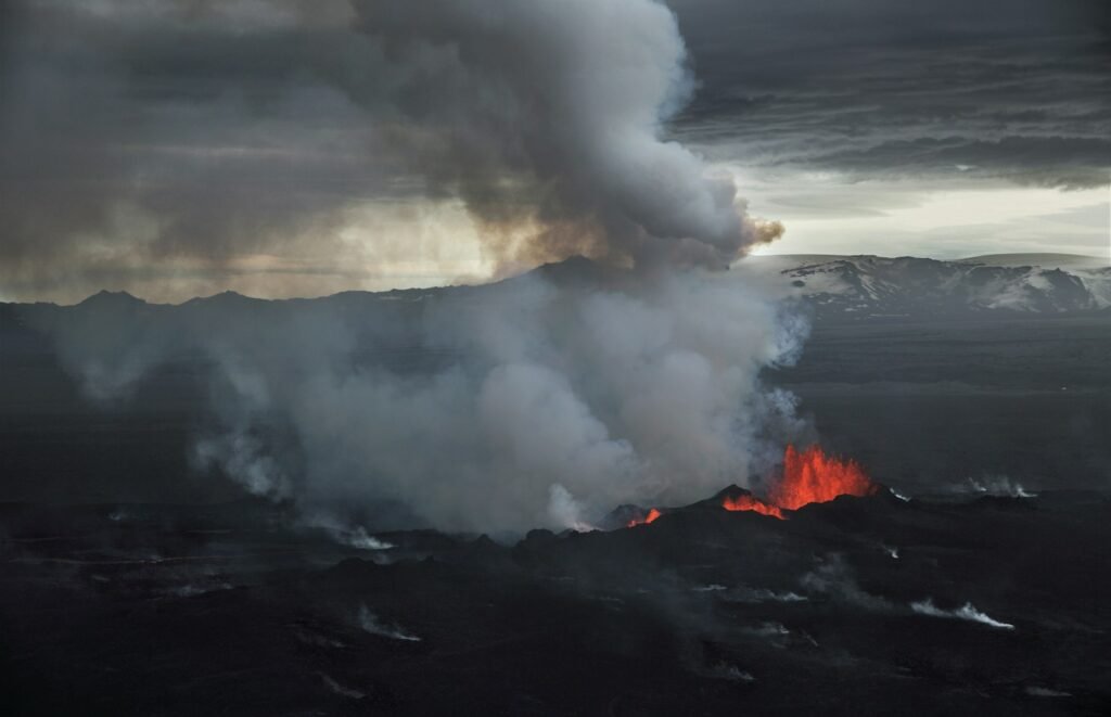 White smoke over a volcano.