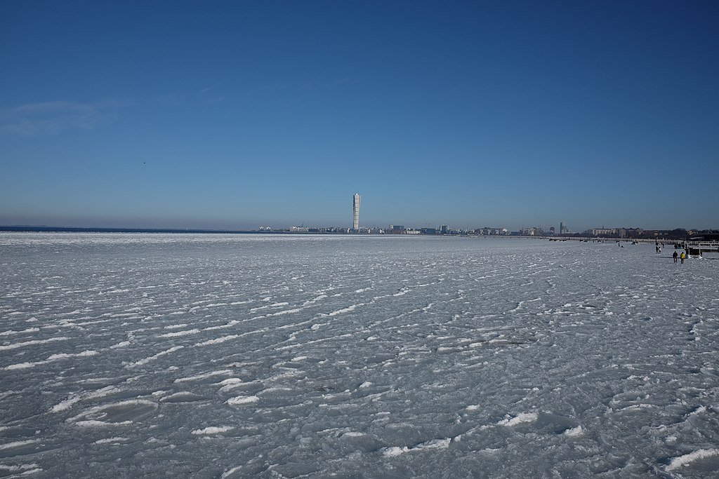 Ice covering the sea at Ribersborgsstranden in Malmö, Sweden
