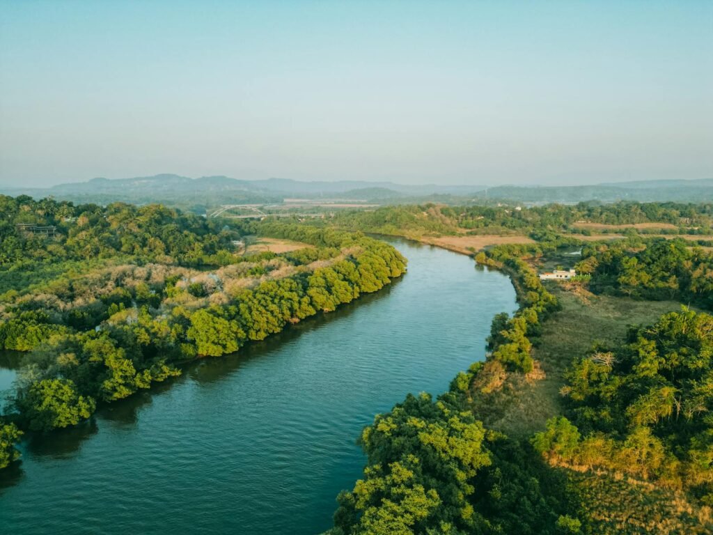 Breathtaking aerial view of a lush, meandering river landscape in Goa, India.