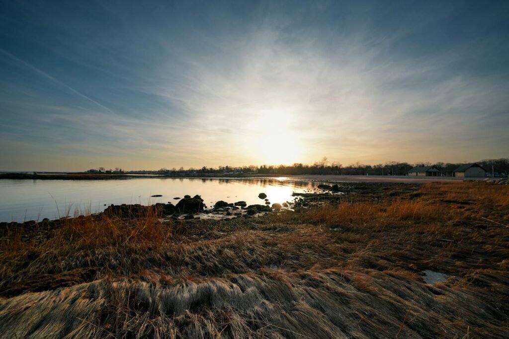 A tranquil sunset view over the inlet at Cove Island Park, Stamford, capturing beautiful seagrass and twilight hues.