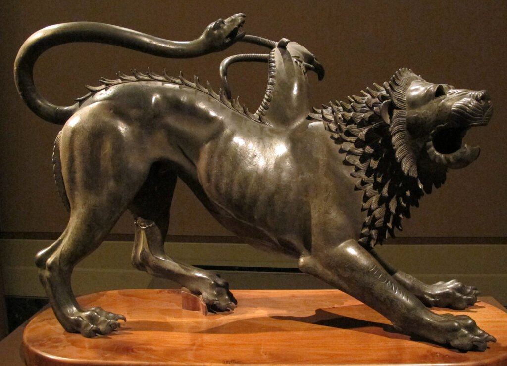 Chimera of Arezzo, Etruscan bronze statue, c. 400 BCE. Museo Archeologico Nazionale, Florence.