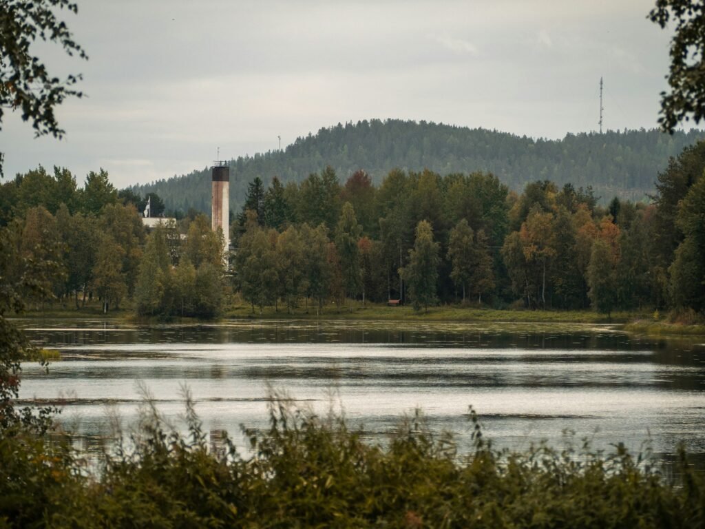 A body of water surrounded by trees and hills