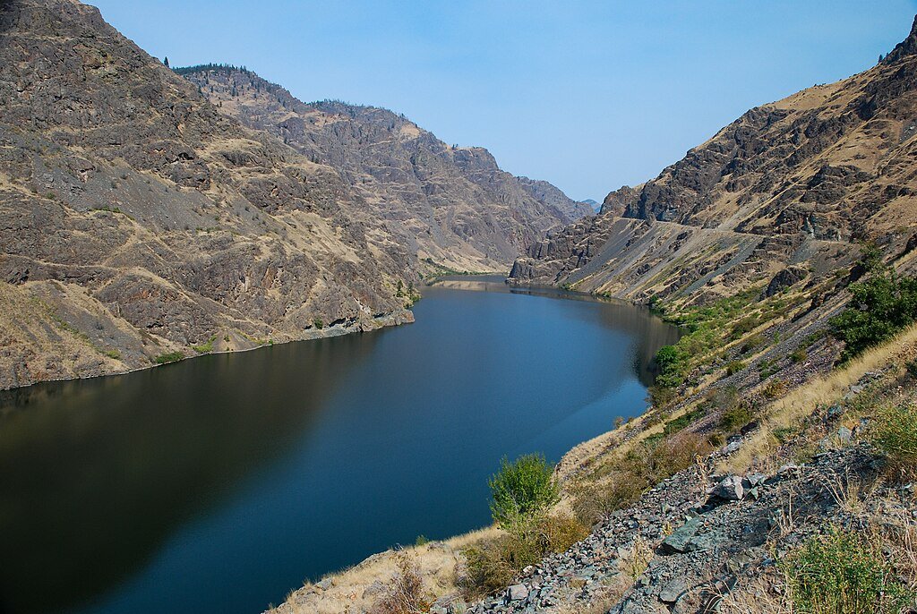 Hells Canyon Reservoir on Snake River views of Wallowa County from Idaho road. Wallowa County.