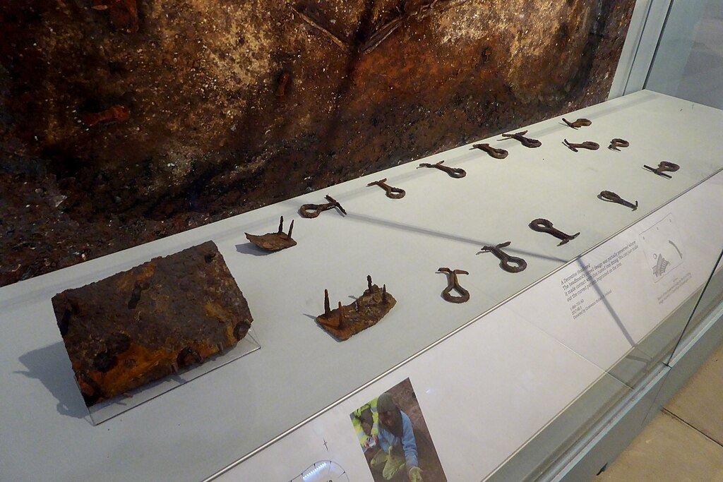 Iron Fittings from the Trumpington Bed Burial, Cambridgeshire. On display in the Cambridge University Museum of Archaeology and Anthropology.
